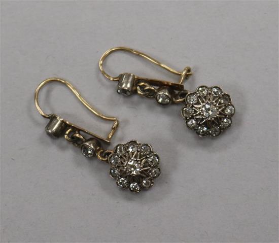 A pair of Victorian yellow metal and diamond cluster drop earrings, 22mm.
